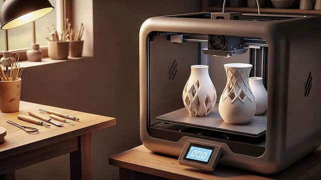 Modern 3d printer producing three elegant ceramic vases within a cozy workshop, highlighting the intersection of innovative technology and artisanal craft design