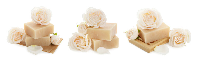 Soap bars and roses isolated on white, collage