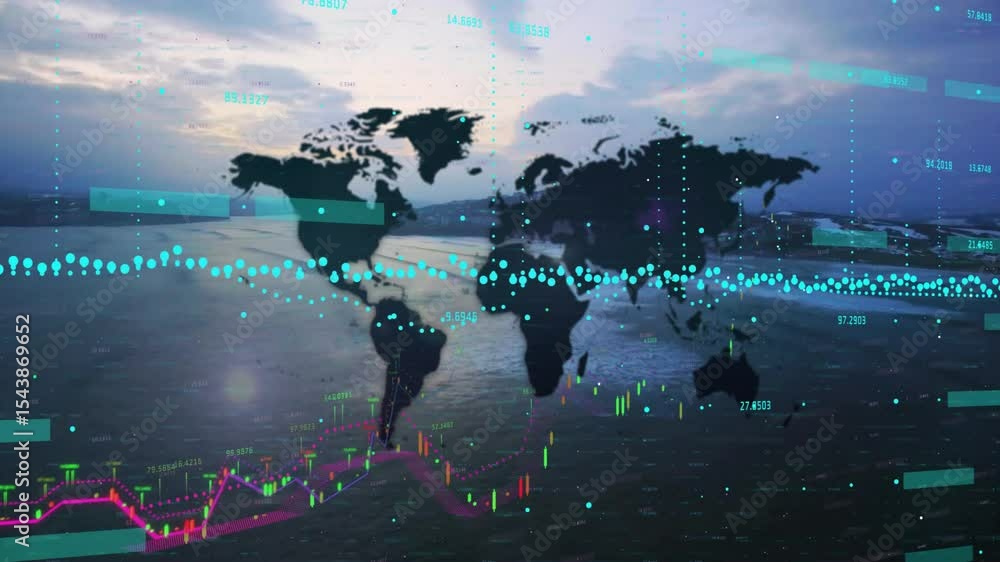 Aufkleber ocean-dusk map silhouette initiating chart elements animating and visualizing global market trends