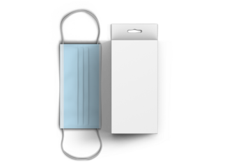 A blue surgical mask beside a blank packaging box, illustrating health safety and packaging design.