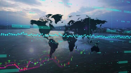 Ocean-dusk map silhouette initiating chart elements animating and visualizing global market trends - Powered by Adobe