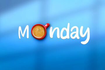 Coffee will make Monday good. Cup of hot drink instead of letter O in word on blue background, top...