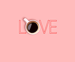 Coffee love. Cup of coffee instead of letter O in word on pink background, top view