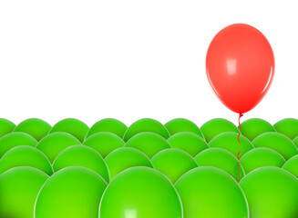 Be different. Red balloon over green ones on white background