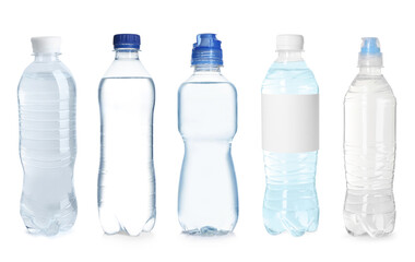Plastic bottles with water on white background, set