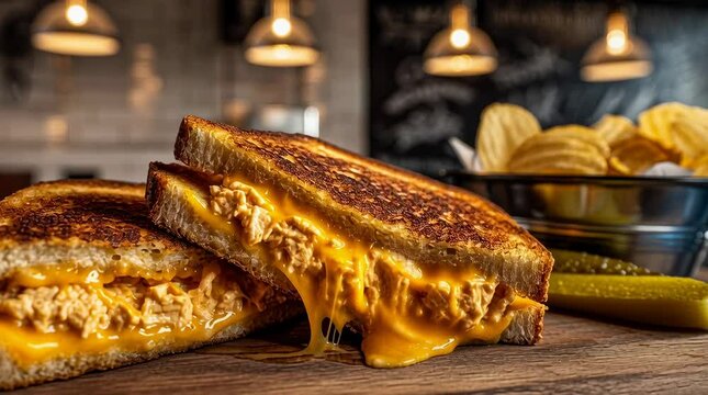 Tuna melt sandwich cut diagonally, gooey cheddar spilling onto a wooden board, served beside a dill pickle spear and kettle chips, ambient caf&eacute; lighting and deep shadows under a metal pendant lamp