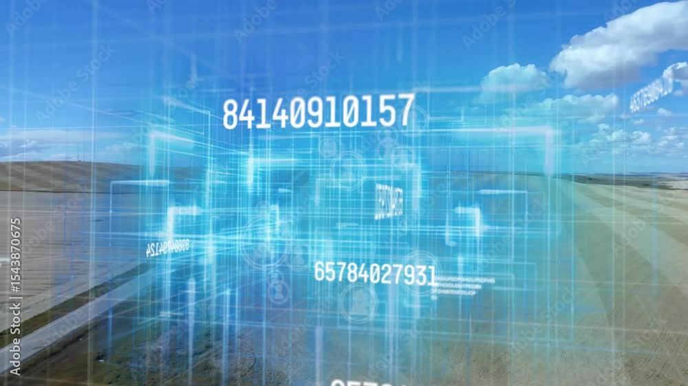 Poster camera sweeping farmland data cubes emerging rotating and updating overlays visualizing sensor data