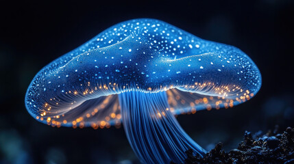 Close-up of a glowing, blue mushroom. 