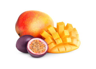 Sweet fresh mangos and passion fruits isolated on white
