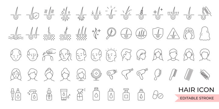 Vector icon set of hair and scalp problems including hair loss, dandruff, oily scalp, damaged hair, and hair care solutions. Editable stroke.