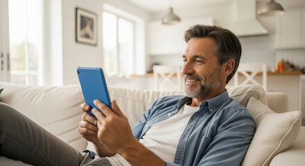 Middle Aged Man Relaxing on White Couch at Home Holding Blue Digital Tablet Wearing Blue Denim Shirt in Bright Modern Living Room