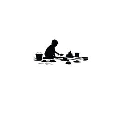 A child building sandcastles on the beach on white background
