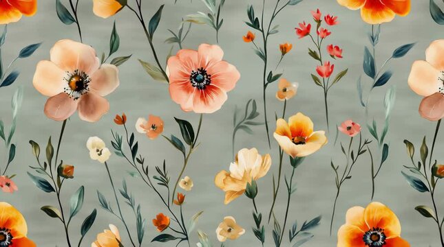 watercolor flowers moving gently on gray background vintage pattern elegant floral decorative artistic classic nature soft motion botanical stylish design seamless retro beautiful romantic concept