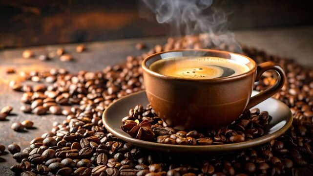 Steaming Coffee Cup Surrounded by Roasted Beans: Aromatic Morning Ritual Video