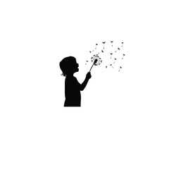 A child blowing dandelions into the air on white background