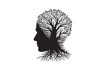 Silhouette of a human head with tree roots as hair 
