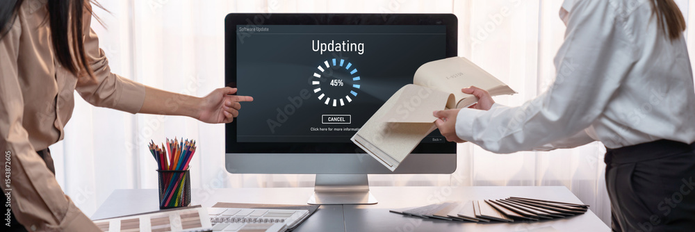 Poster software update on computer for brisk version of device software upgrade