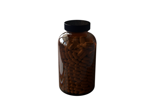 A transparent jar filled with brown capsules, commonly used as dietary supplements or medications.