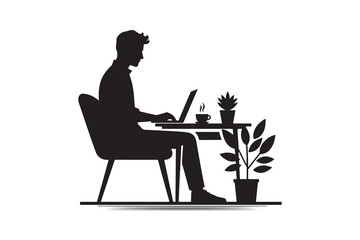 Minimal silhouette of a freelancer working on a laptop with coffee cup 