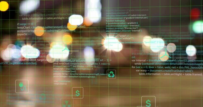Green grid overlay appearing on night road, code scrolling and icons emerging into AR display