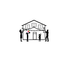 A family celebrating by decorating their house on white background