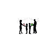 A family exchanging gifts during a celebration on white background