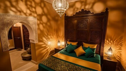 Moroccan bedroom interior showcases ornate woodwork, a hanging lantern casting intricate shadows. Ideal for travel vlogs, exotic decor, cultural promotion, hotel advertising, luxury. 