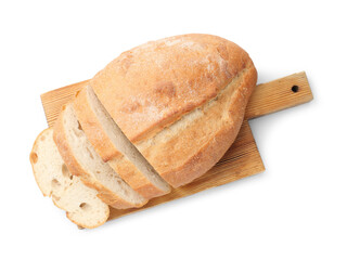 Cut loaf of bread isolated on white, top view