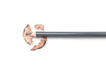 Beautiful eyebrow pencil and shavings isolated on white, top view
