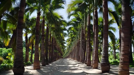 Majestic palm trees line a tranquil white sand path, creating a serene tropical avenue bathed in sunlight, evoking feelings of peace, tranquility, and the allure of exotic destinations