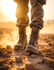 Close-up of worn military boots walking through cracked, dusty battlefield soil at sunset, symbolizing resilience, arduous journey, conflict, remembrance, and the strength of a soldier
