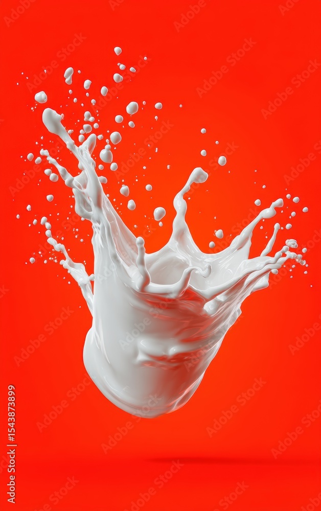 Poster dynamic white liquid splash frozen in motion, creating a high-contrast abstract visual against a bri