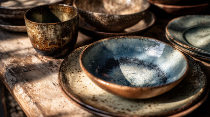 Rustic ceramic dishes arranged on a weathered wooden table with warm sunlight casting natural shadows
