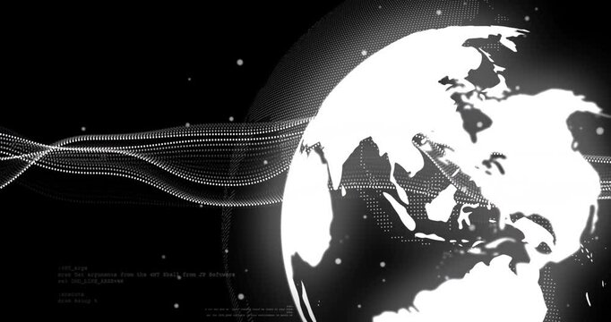 On load digital globe rotating with flowing dotted ribbons depicting global data flow