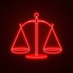 Red neon scales of justice illustration on dark background