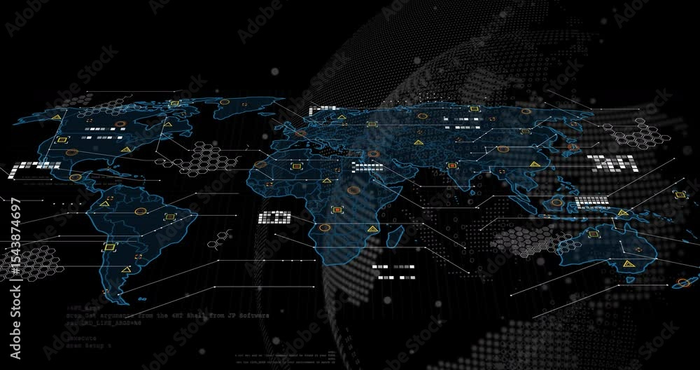 Poster screen opening drawing flat world map outline symbols appearing and connecting hex forming data hud