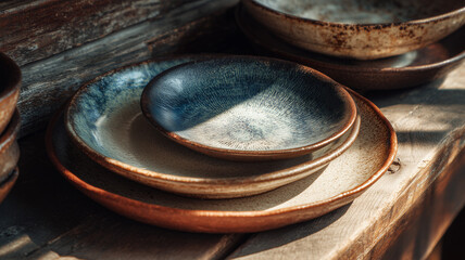 Rustic ceramic dishes arranged on a weathered wooden table with warm sunlight casting natural shadows