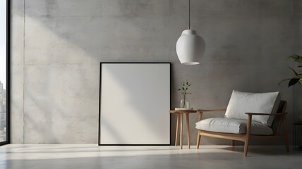 Blank white framed art print leaning against a bright wall in a soft, minimal living space.
