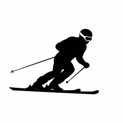 Silhouette of skier racing downhill on snowy slopes  