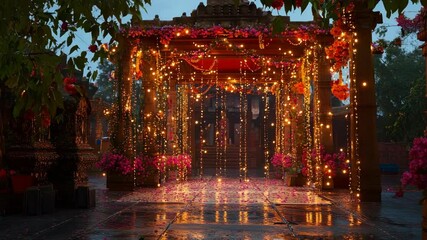 Temple decorated with flowers and lights, the spiritual atmosphere on Navaratri festival, traditional decorations convey the grandeur and importance of the Hindu festival dedicated to Goddess Durga