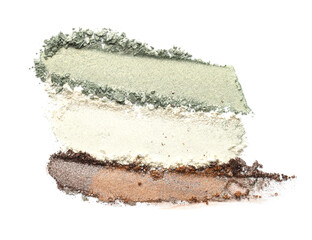 Samples of beautiful eyeshadows isolated on white, top view