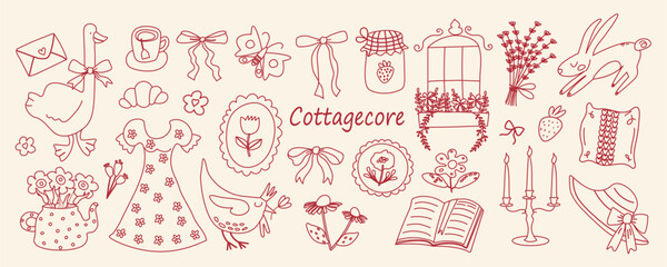 Cute vintage cottagecore elements in hand drawn sketch style. Line art of flowers, bows, goose, butterfly, strawberry. Rustic countryside lifestyle. Vector illustration for farm, garden, nature.