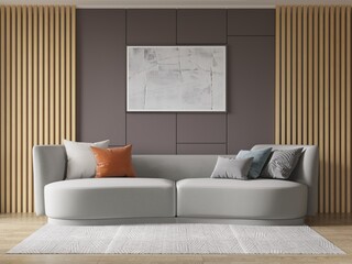 Mock up of a modern living room with a perfect comfortable sofa and stylish decorative background, 3D rendering.