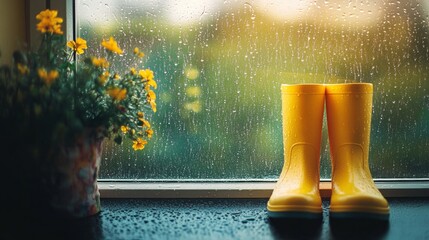 Yellow rubber boots beside a potted flower on a windowsill. Rain droplets on the glass create a cozy atmosphere. Soft sunlight filters through the window.