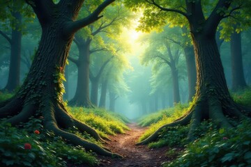 Dense foliage and gnarled trunks surround a serene forest clearing, tree textures, greenery, branches