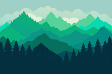 Fototapeta premium flat-forest-layers-fading-into-tall-mountain-silho 