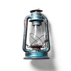 A vintage oil lantern with a weathered blue finish, designed for illumination in outdoor or emergency settings.