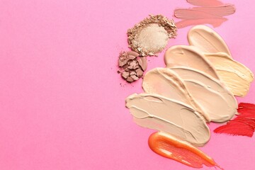 Different cosmetic products on magenta background, flat lay. Space for text