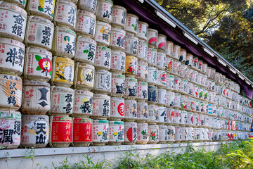 Sake barrel offerings to Meiji Jingu shrine, Shibuya, Tokyo, Japan