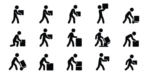 Stickman silhouette icons showing delivery workers carrying and transporting boxes in various poses and actions